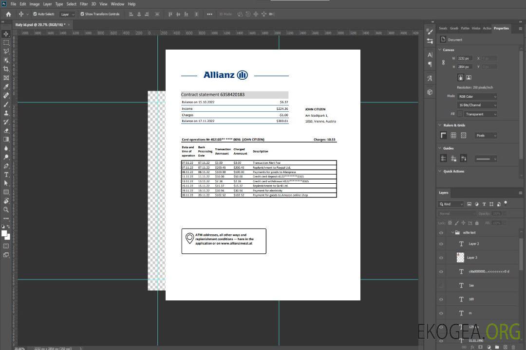 Autriche Relevé bancaire d'Allianz Investment Bank template